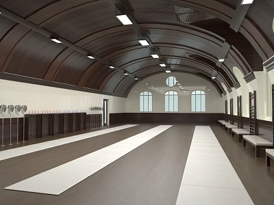 Fitness Training Gymnasium With Wooden Arched Ceiling White Mats Lockers Benches And Windows 3d model