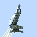 Military Weapon Missile With Blue White Stripes Launched From Camouflage Launcher Emitting Flames