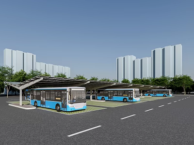 Modern Urban Public Bus Station With Multiple Parked Blue Buses Near City High Rise Buildings 3d model