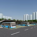 Modern Urban Public Bus Station With Multiple Parked Blue Buses Near City High Rise Buildings