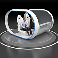Futuristic Cylindrical Pod Interior With Two People On White Seats And Blue Accents
