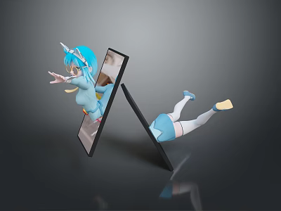 Kids Cartoon Girl With Blue Hair And Blue White Outfit Interacting With Tablet Screens 3d model