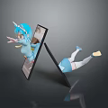 Kids Cartoon Girl With Blue Hair And Blue White Outfit Interacting With Tablet Screens