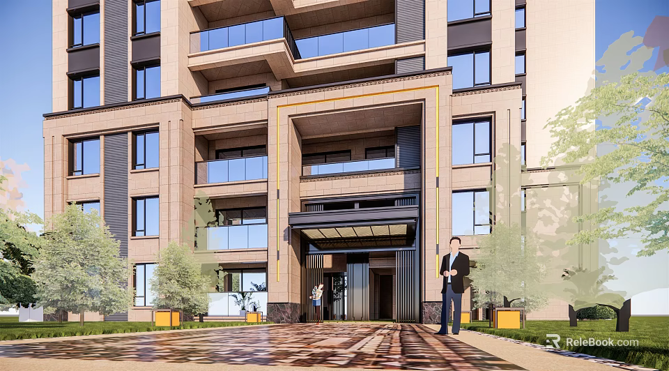 Multi story Residential Building Entrance With Glass Windows Decorative Canopy And Green Plants 3d model 