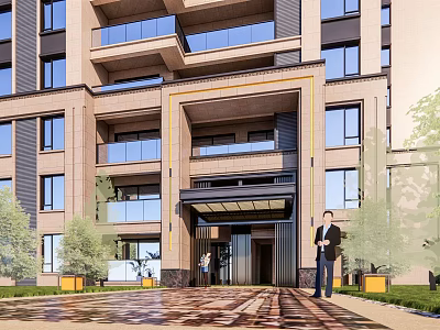 Multi story Residential Building Entrance With Glass Windows Decorative Canopy And Green Plants 3d model