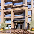 Multi story Residential Building Entrance With Glass Windows Decorative Canopy And Green Plants