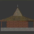 Cartoon Traditional Building Scene With Tile Roof Curved Eaves And Stone Base