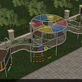 Playground Equipment With Colorful Circular Structures Slides Fences Lawn And Trees In Outdoor Setting