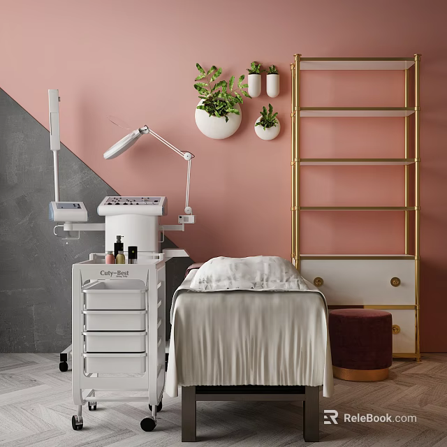 Massage Bed With White Sheet Featuring Pink Wall Green Plants Golden Shelf And Medical Equipment 3d model 