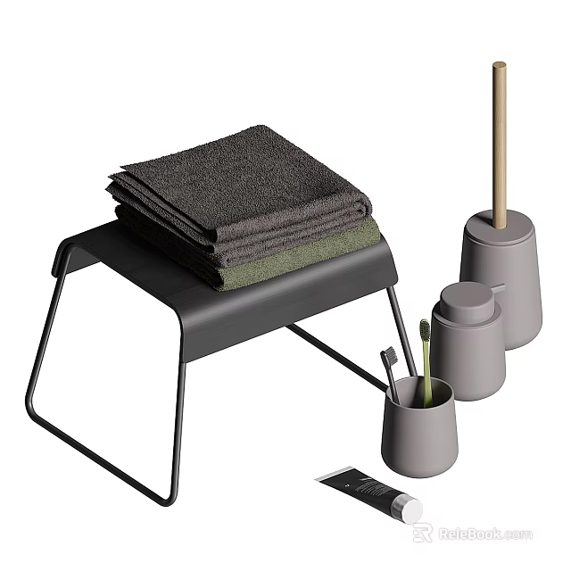 Washing Supplies with Stacked Towels Cleaning Tools in Containers on Metal Frame Stool 3d model 