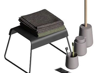 Washing Supplies with Stacked Towels Cleaning Tools in Containers on Metal Frame Stool 3d model