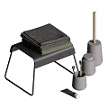 Washing Supplies with Stacked Towels Cleaning Tools in Containers on Metal Frame Stool