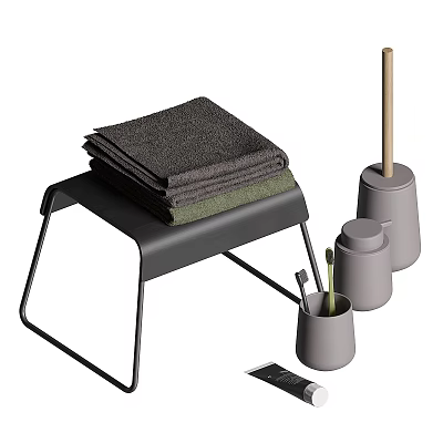 Washing Supplies with Stacked Towels Cleaning Tools in Containers on Metal Frame Stool 3d model