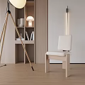 Minimalist Wooden Dining Chair In Modern Interior With Floor Lamp And Bookshelf