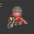 Cartoon Character Riding Motorcycle With Helmet Yellow Goggles Red Shirt Pink Body Large Wheels Headlight