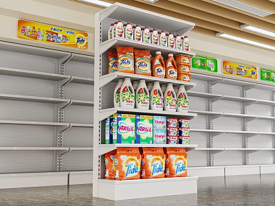 White Retail Display Shelf In Supermarket Stocked With Various Cleaning Products 3d model