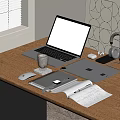 Modern Wooden Desk Workspace With Open Laptop Tablet Wireless Mouse Headphones And Notebooks