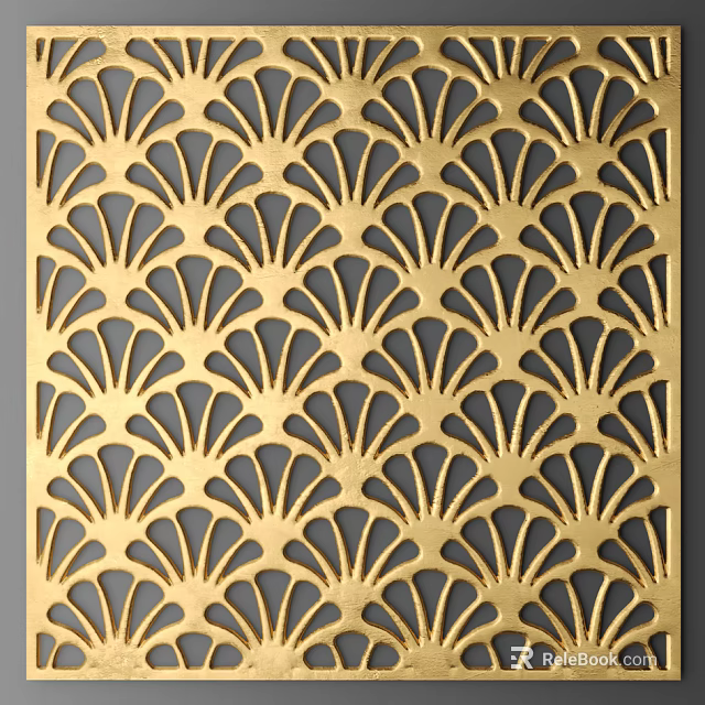 Golden Intricate Carving With Fan Shaped Pattern On Elegant Metal Decorative Panel 3d model 