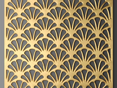 Golden Intricate Carving With Fan Shaped Pattern On Elegant Metal Decorative Panel 3d model