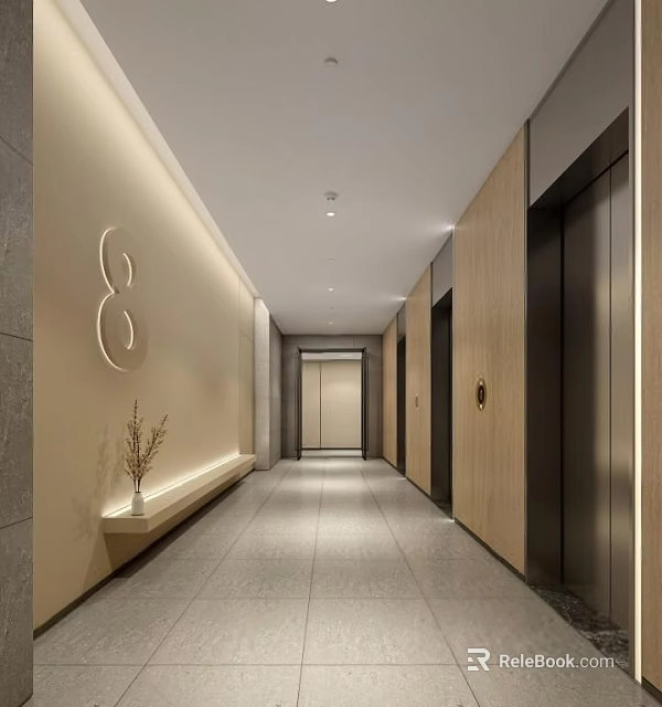 Modern Elevator Hallway Design With Neutral Walls Gray Floor Tiles Numeric Sign And Plant Decor 3d model 
