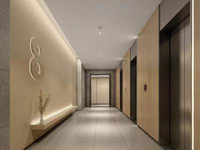 Modern Elevator Hallway Design With Neutral Walls Gray Floor Tiles Numeric Sign And Plant Decor 3d model