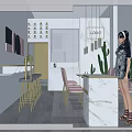 Modern Milk Tea Shop Interior Design With Pink Chairs Gray Stools And Green Plants