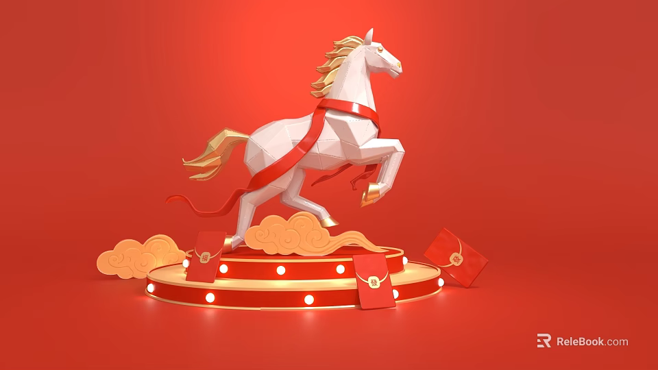 White Horse Art Installation With Golden Mane Red Ribbon Cloud Decorations And Circular Lit Base 3d model 
