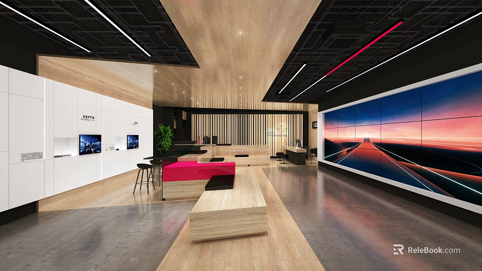 Modern Showroom Interior With Wooden Ceiling White Cabinets Red Sofa And Large Sunset Screen 3d model 