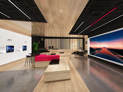 Modern Showroom Interior With Wooden Ceiling White Cabinets Red Sofa And Large Sunset Screen 3d model