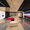 Modern Showroom Interior With Wooden Ceiling White Cabinets Red Sofa And Large Sunset Screen