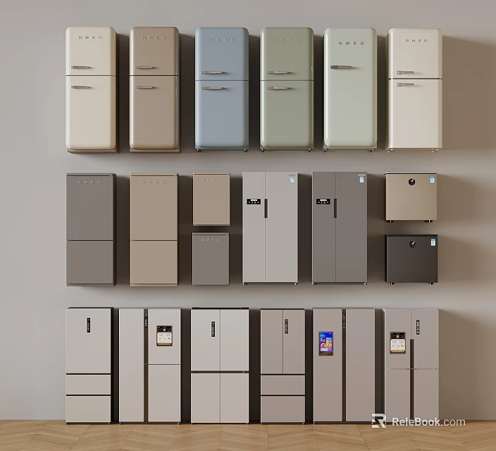 Various Colored Refrigerators In Different Styles And Sizes Displayed On Wall 3d model 