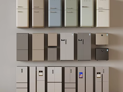 Various Colored Refrigerators In Different Styles And Sizes Displayed On Wall 3d model