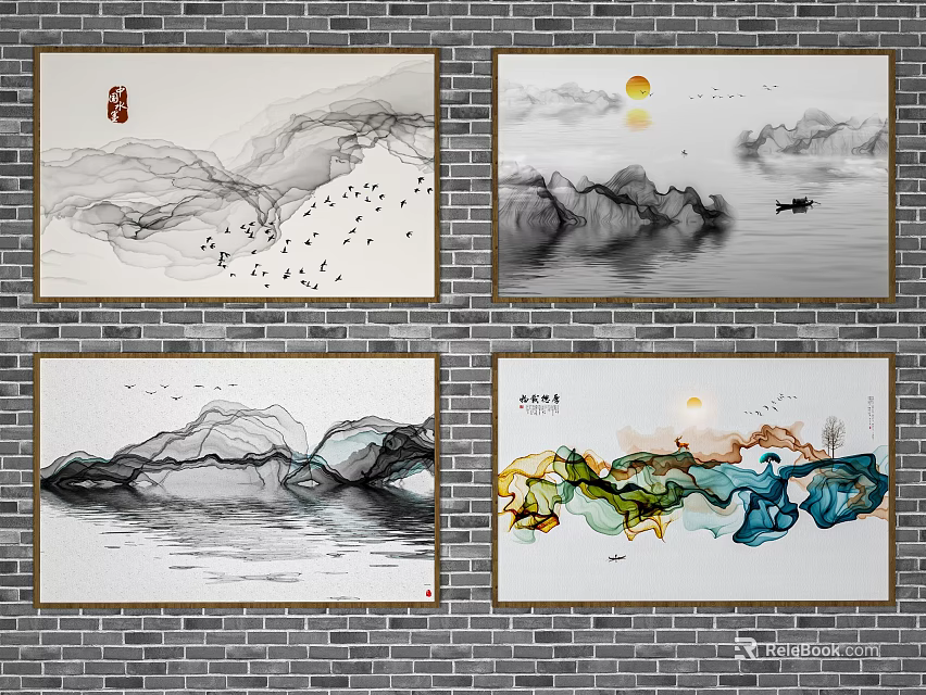 Chinese Ink Paintings on Brick Wall with Mountain Water Scenes Birds Sun Boat and Calligraphy 3d model 