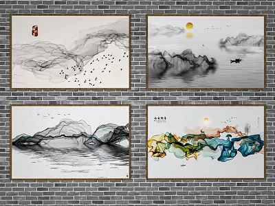 Chinese Ink Paintings on Brick Wall with Mountain Water Scenes Birds Sun Boat and Calligraphy 3d model