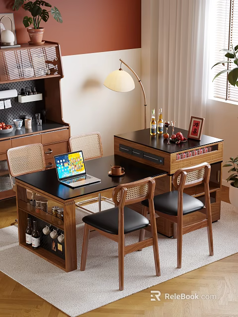 Modern Kitchen Island Featuring Laptop Coffee Cup Wine Rack Chairs Floor Lamp And Plant 3d model 