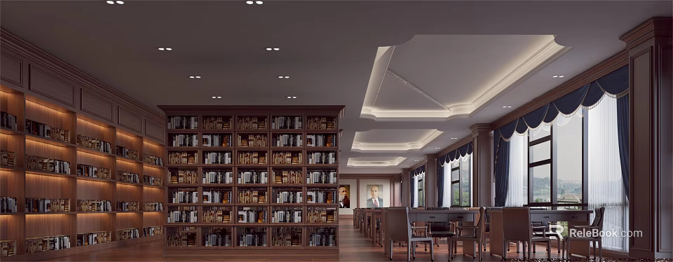 Large Wooden Bookcase Filled With Books In Spacious Reading Room With Chairs And Ceiling Lighting 3d model 