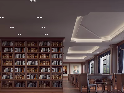 Large Wooden Bookcase Filled With Books In Spacious Reading Room With Chairs And Ceiling Lighting 3d model
