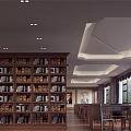 Large Wooden Bookcase Filled With Books In Spacious Reading Room With Chairs And Ceiling Lighting