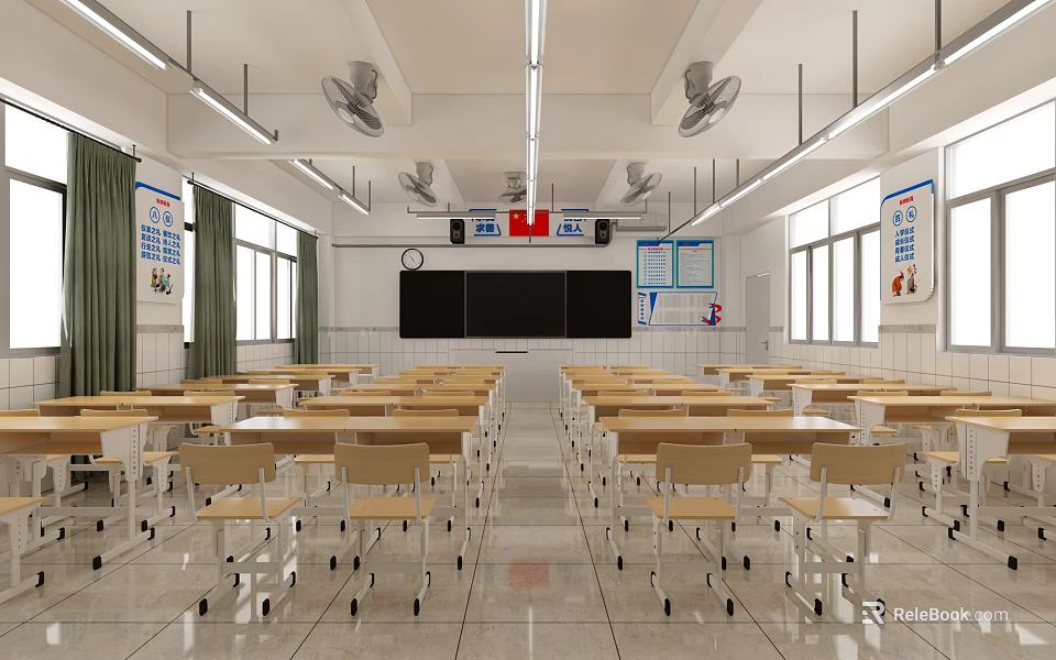 School Classroom With Neat Desks Chairs Blackboard Hanging Flags Ceiling Fans Windows And Bulletin Boards 3d model 