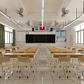 School Classroom With Neat Desks Chairs Blackboard Hanging Flags Ceiling Fans Windows And Bulletin Boards