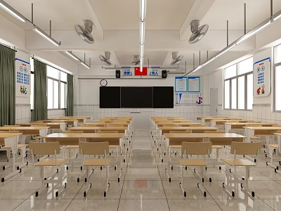 School Classroom With Neat Desks Chairs Blackboard Hanging Flags Ceiling Fans Windows And Bulletin Boards 3d model