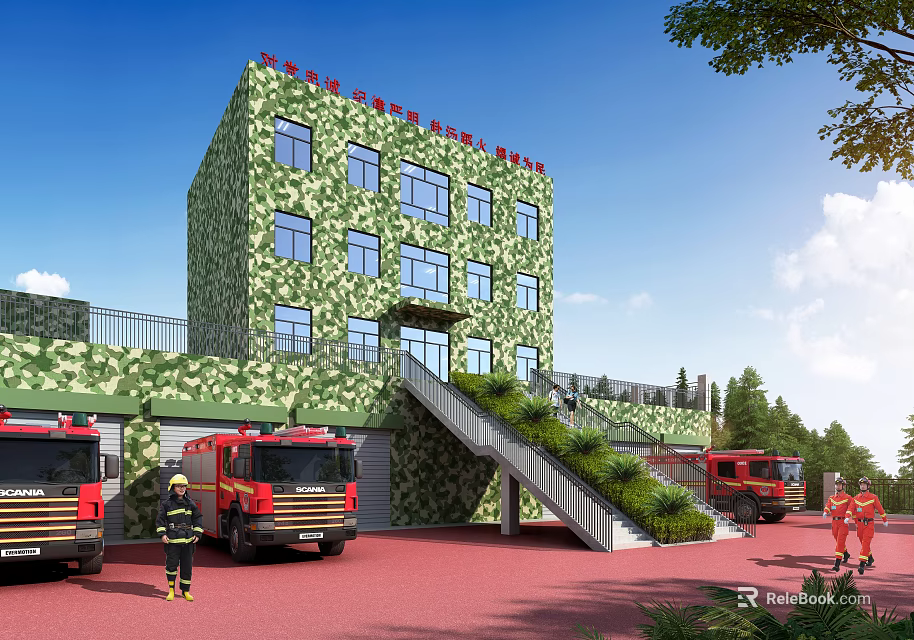 Green Camouflage Fire Station Building With Red Fire Trucks Parked Firefighters And Trees 3d model 