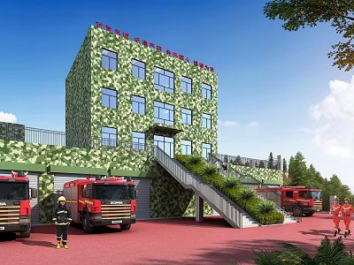 Green Camouflage Fire Station Building With Red Fire Trucks Parked Firefighters And Trees 3d model