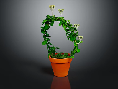 Potted Plant With Green Leaves And White Flowers In Arch Shape Terracotta Pot 3d model