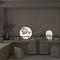 Modern Light Colored Dressing Table Design With Circular Mirror Drawers And Table Lamps 3d model