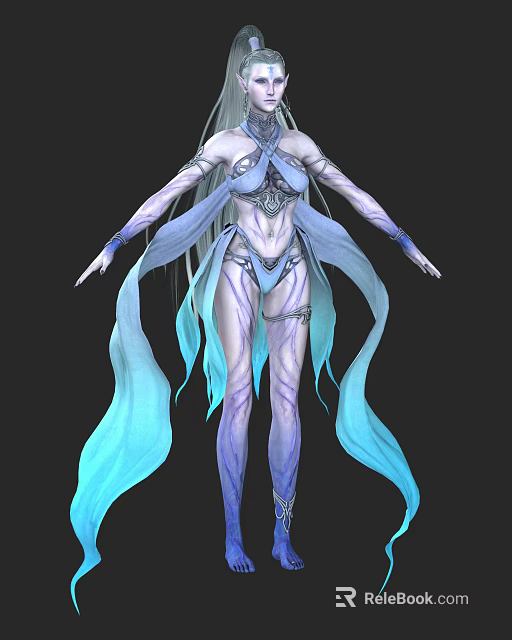 Fantasy Game Movie Character In Ethereal Blue Purple Outfit With Flowing Ribbons And Ornate Details 3d model 