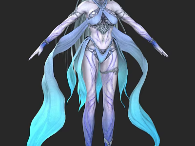 Fantasy Game Movie Character In Ethereal Blue Purple Outfit With Flowing Ribbons And Ornate Details 3d model