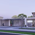 Modern Commercial Street With Modern Buildings Paved Road Sidewalks Greenery And Storefronts