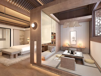 Chinese Style Hotel Guest Room Featuring Wooden Decor Tatami Area Tea Table And Hanging Lamps 3d model