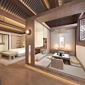 Chinese Style Hotel Guest Room Featuring Wooden Decor Tatami Area Tea Table And Hanging Lamps